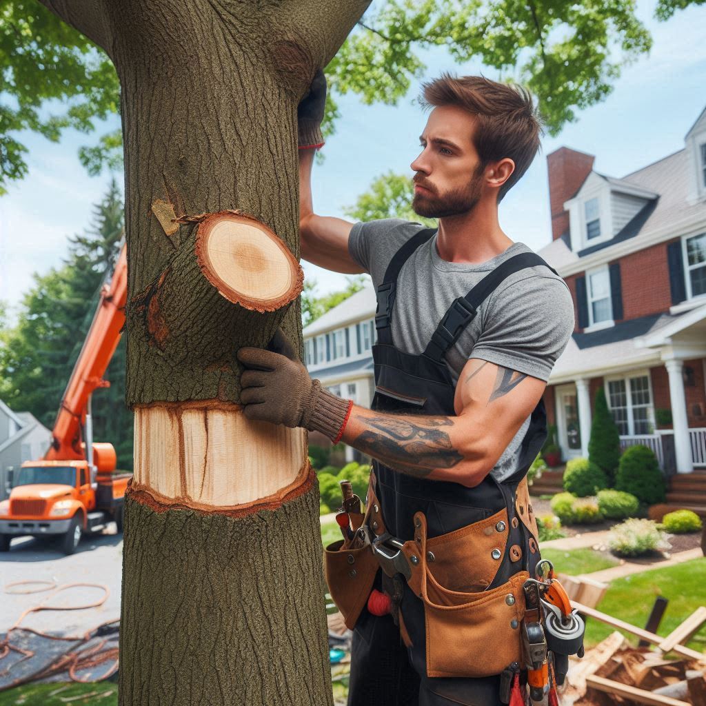 Tree removal expert performing maintenance on a typical New Hampshire home's trees